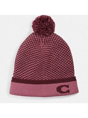 COACH Color Block Knit Hat With Pom Pom, Pink